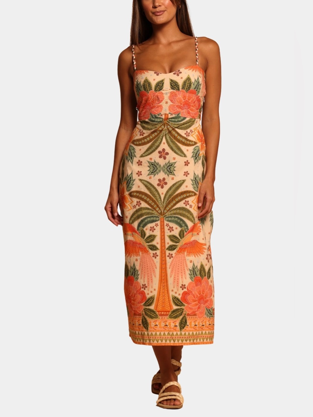 Shore XS Embroidered Tropical Floral Midi Dress Smocked Braided Strap Resort